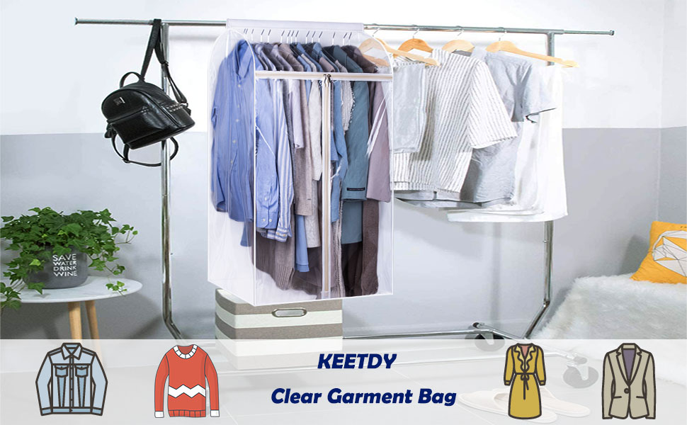 KEETDY 43 Hanging Garment Bags for Closet Storage Large Clear Window  Hanging Clothes Storage Garment Rack Cover Coat Protector for Suit,  Wardrobe