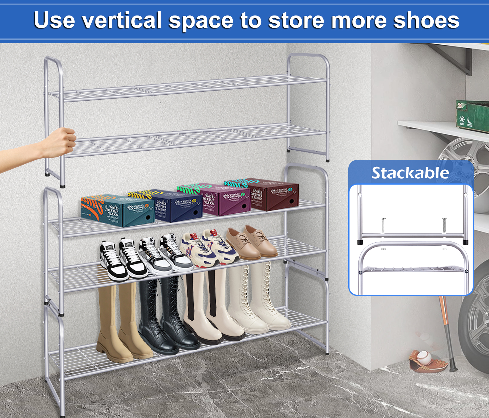 KEETDY Long 3-Tier Shoe Rack for Closet Floor Entryway, Wide Shoe Storage  Organizer Stackable Metal Shoe Shelf for 24 Pairs Men Sneakers with Wire  Grid for Bedroom