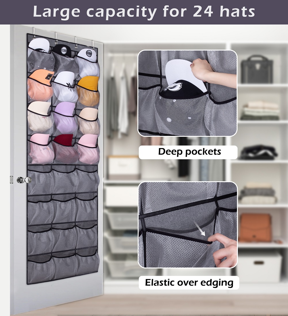 KEETDY 24 Fabric Over the Door Hat Organizer for Baseball Caps Hanging Hat Rack for Wall Elastic Large Mesh Pockets Cap Holder Organizer Hanger for Hats Storage Grey